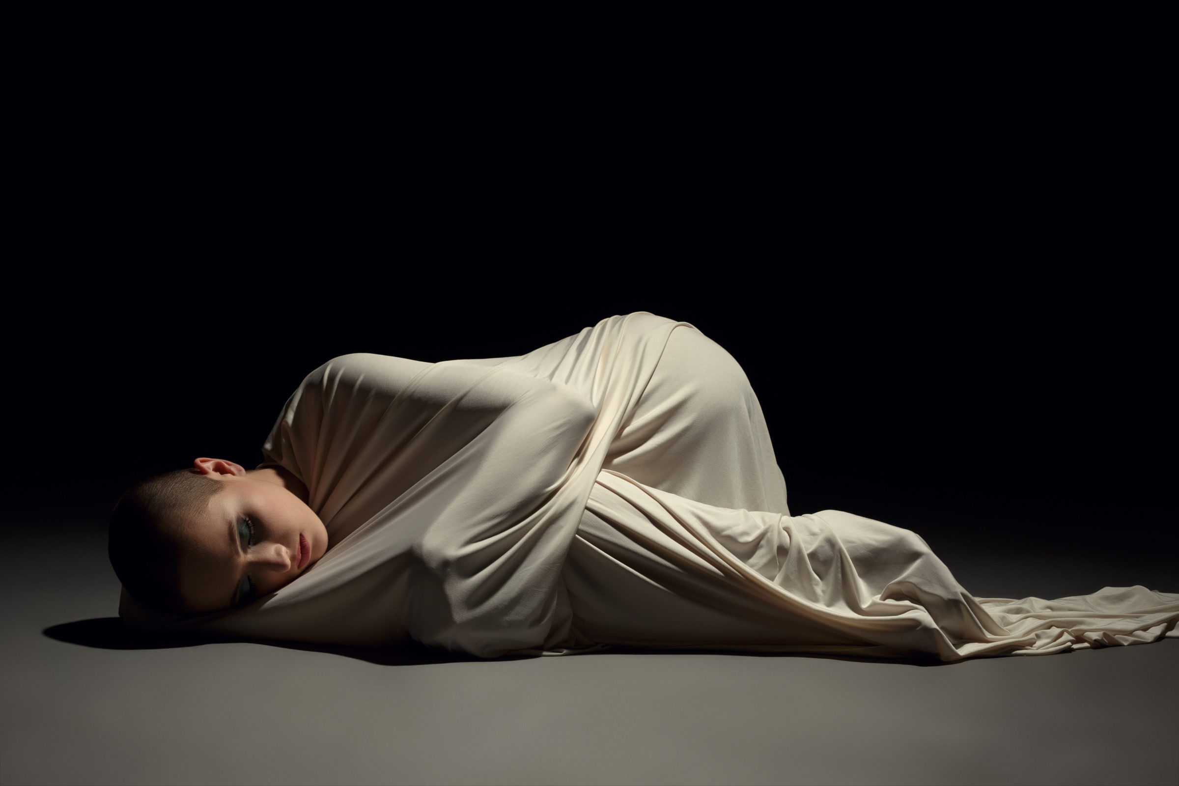 Studio image of mentally ill woman in straitjacket