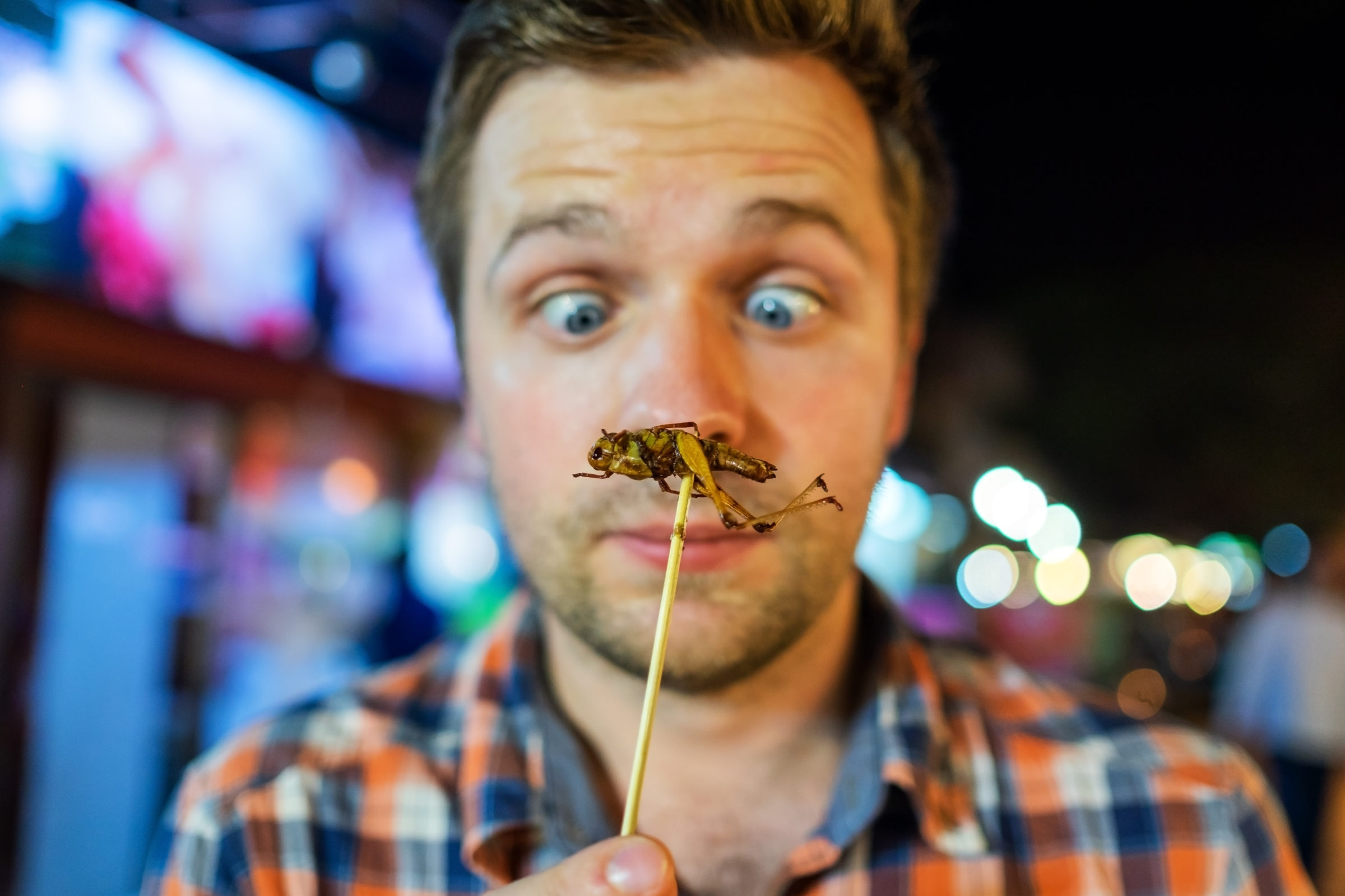 Caucasian young male eating cricket at night market in Thailand.
