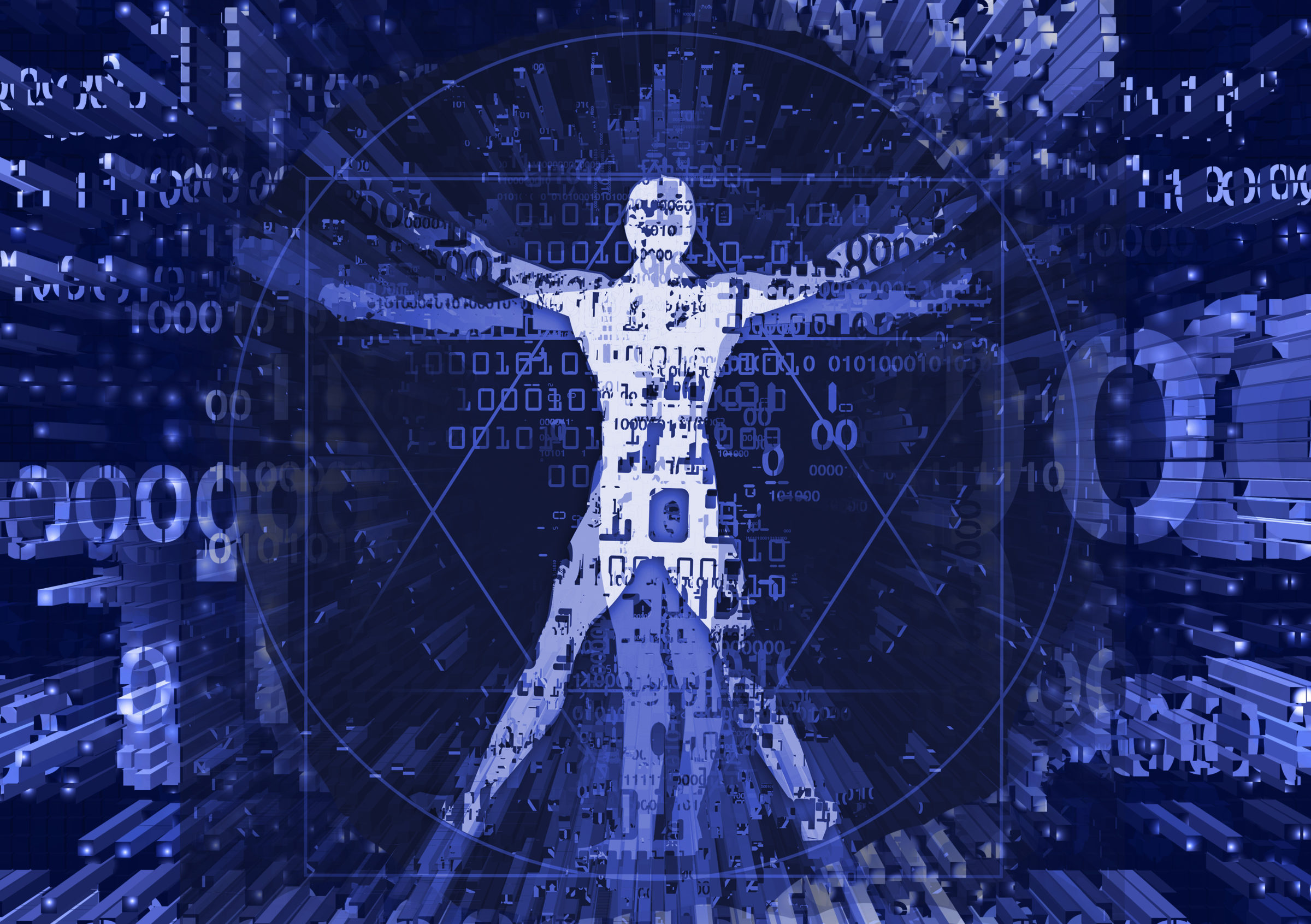 Vitruvian man in explosion of computer data.Futuristic Illustration of vitruvian man with a binary codes symbolized digital age.