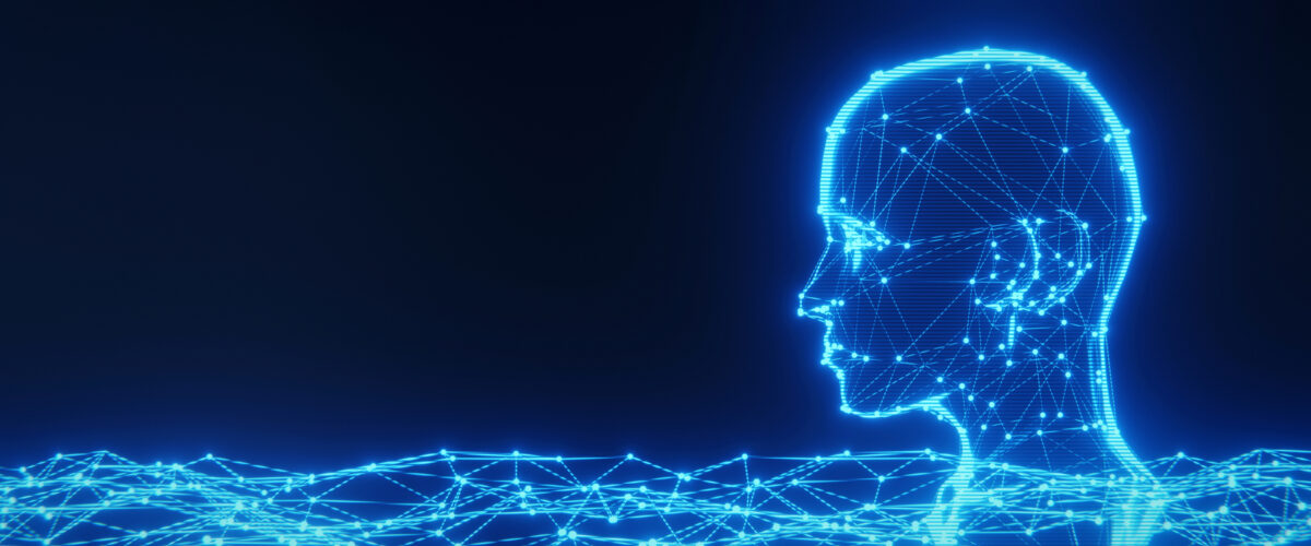 Hologram of human head made of wireframe plexus structure. Concept of artificial intelligence. 3D rendering