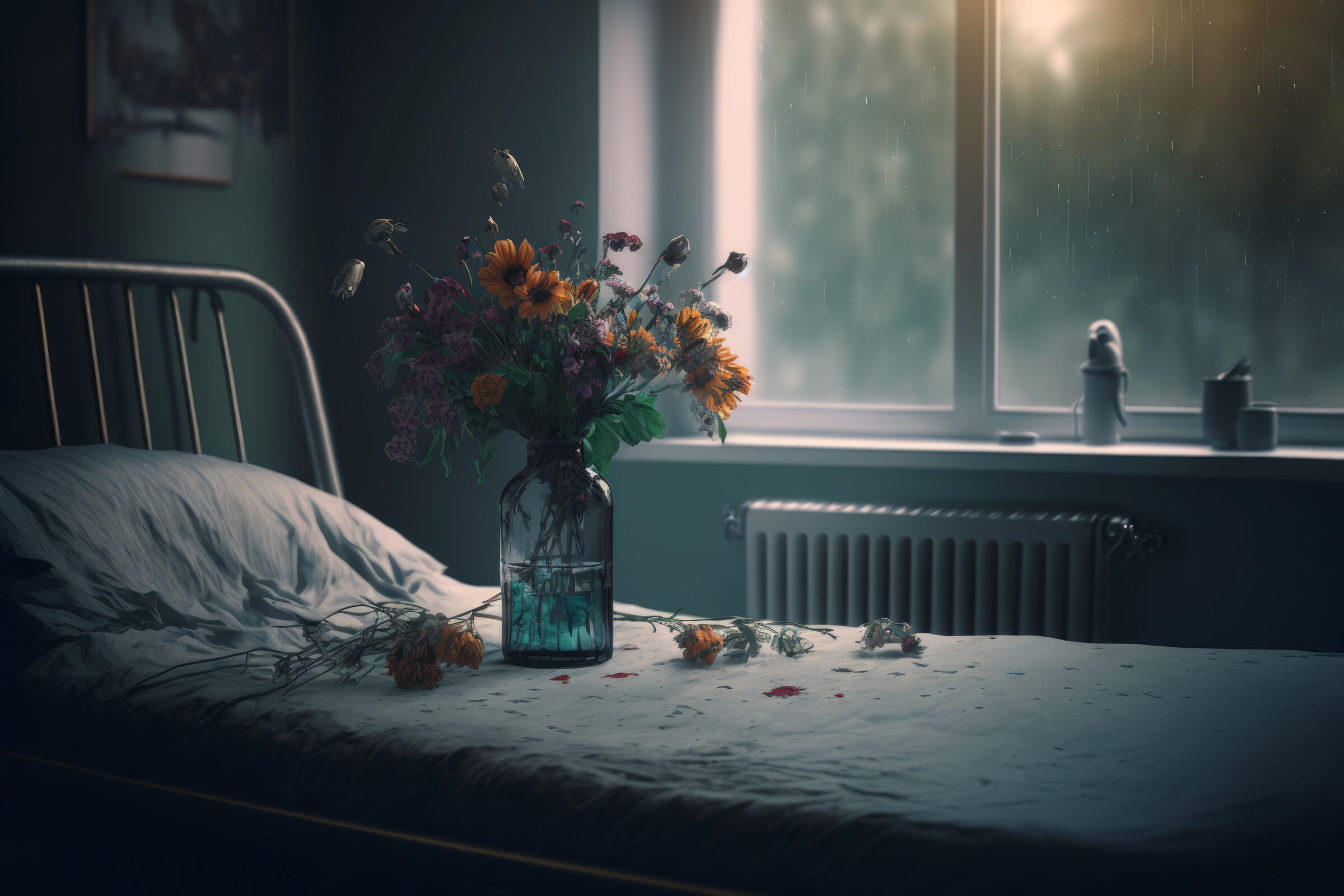 An empty hospital bed with dying flowers.