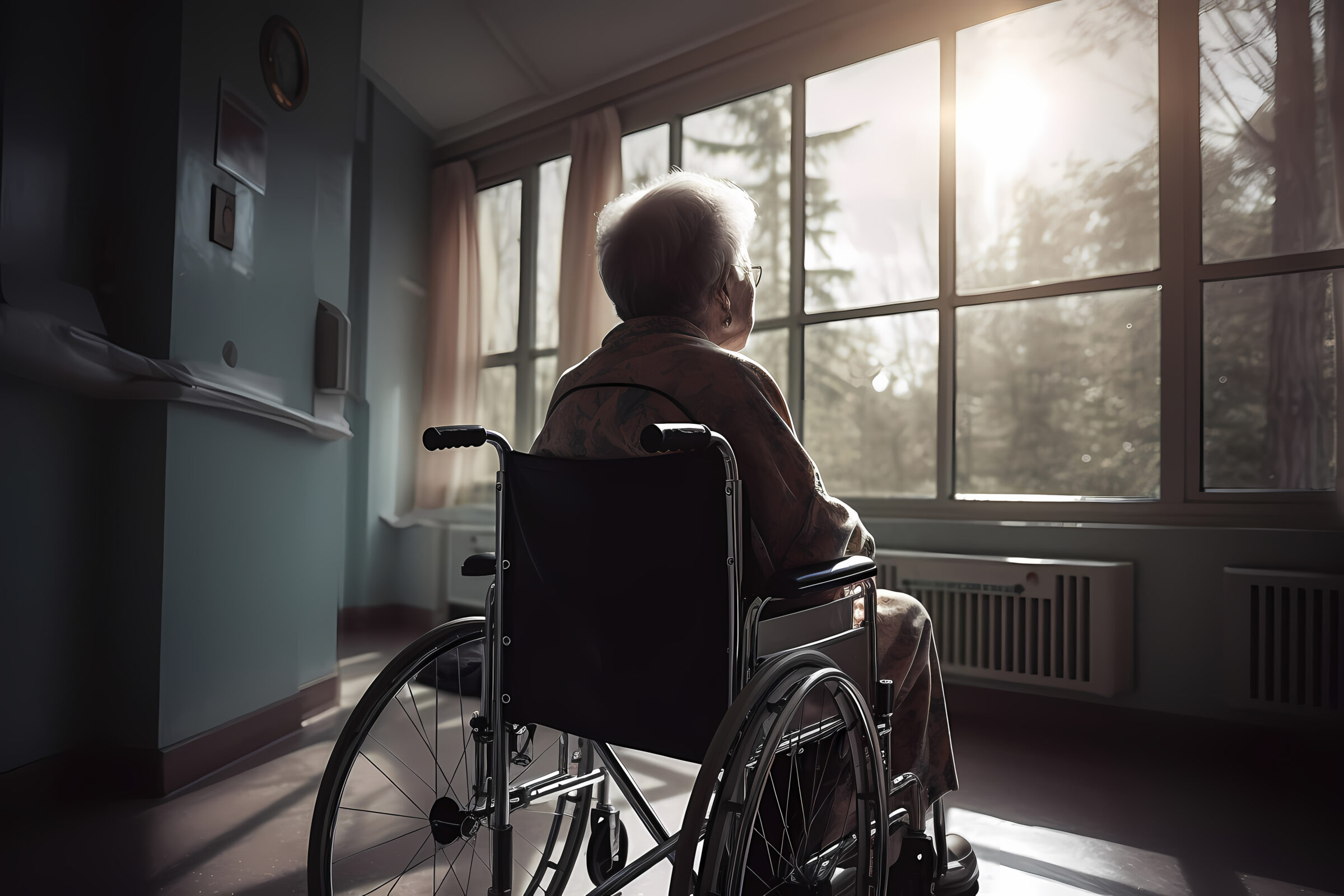 Lonely sad elderly Senior person in wheelchair in nursing home looking out window. Generation AI