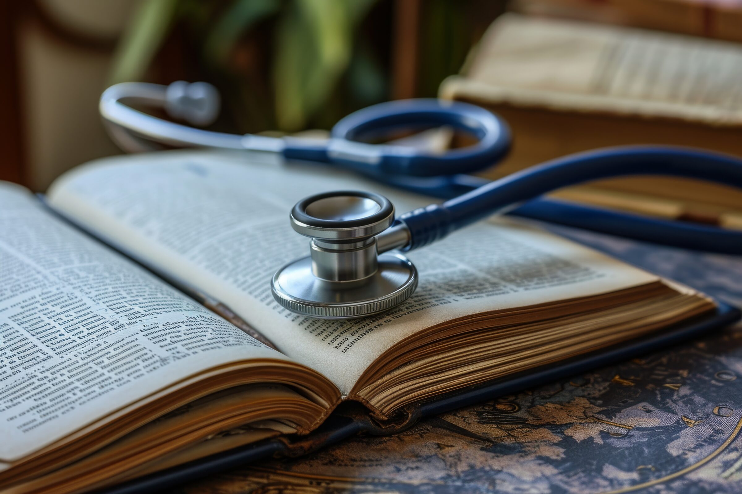 A stethoscope neatly placed on top of a book, symbolizing the intersection of medicine and knowledge, A medical still life of a stethoscope arranged on a medical journal, AI Generated