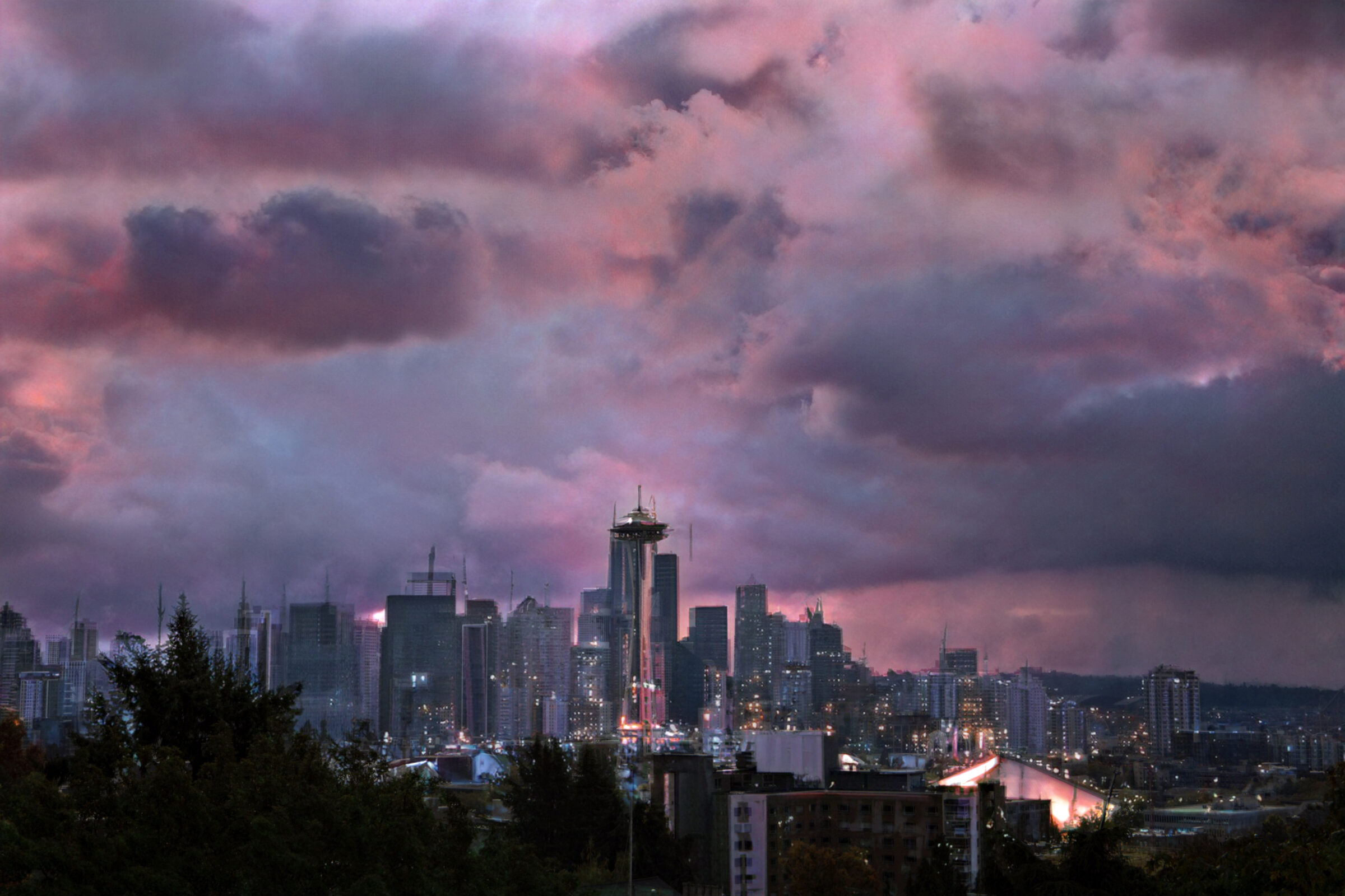 The Seattle Washington skyline on a dark and dreary evening