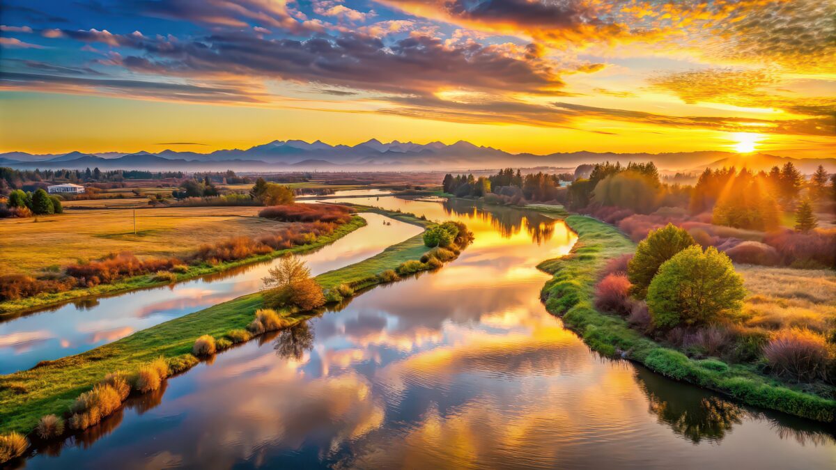Scenic sunrise over the Snohomish River Delta in Everett WA, dawn, Snohomish River, Delta, Everett, WA, sunrise, scenic