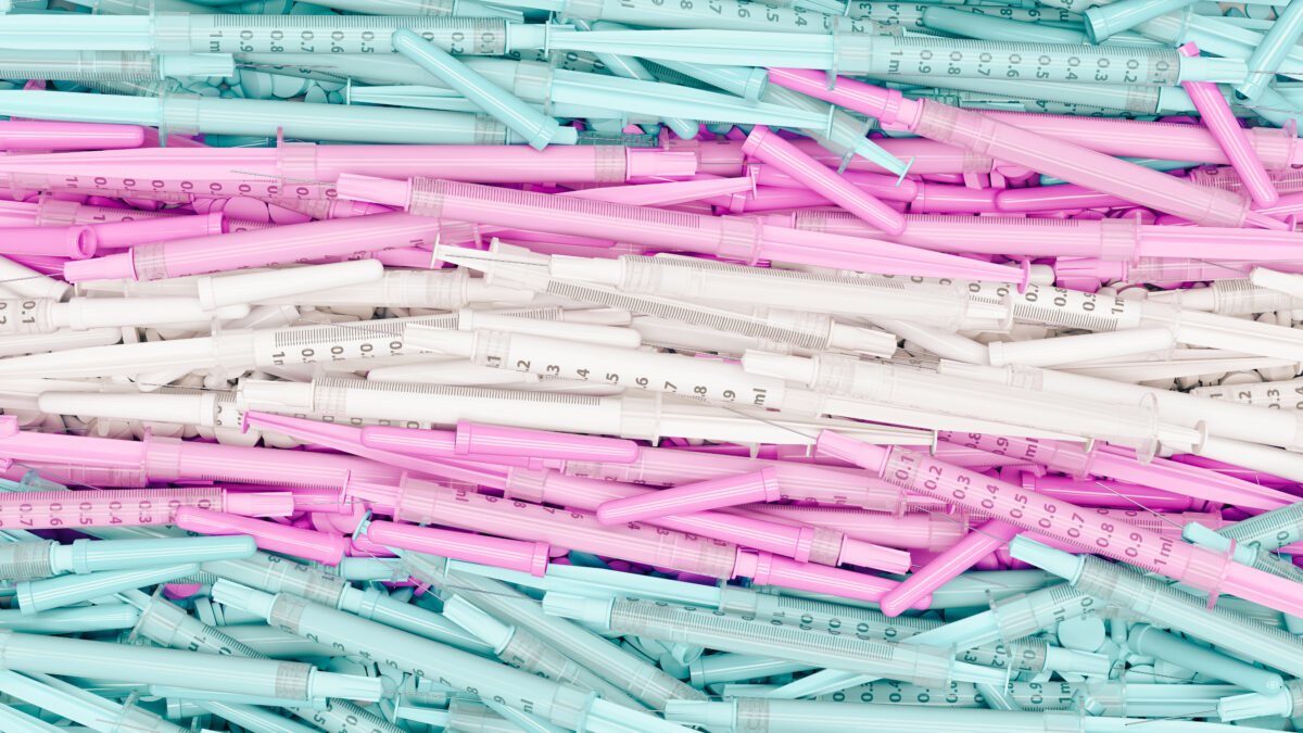 Baby pink blue white transgender syringes testosterone estrogen health care dangerous drugs safeguarding 3d illustration render digital rendering