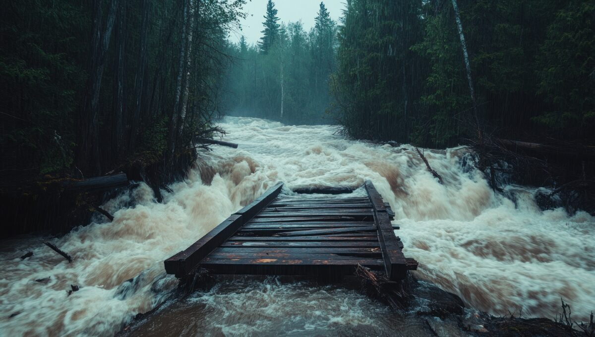 Flooded forest river with broken wooden bridge.