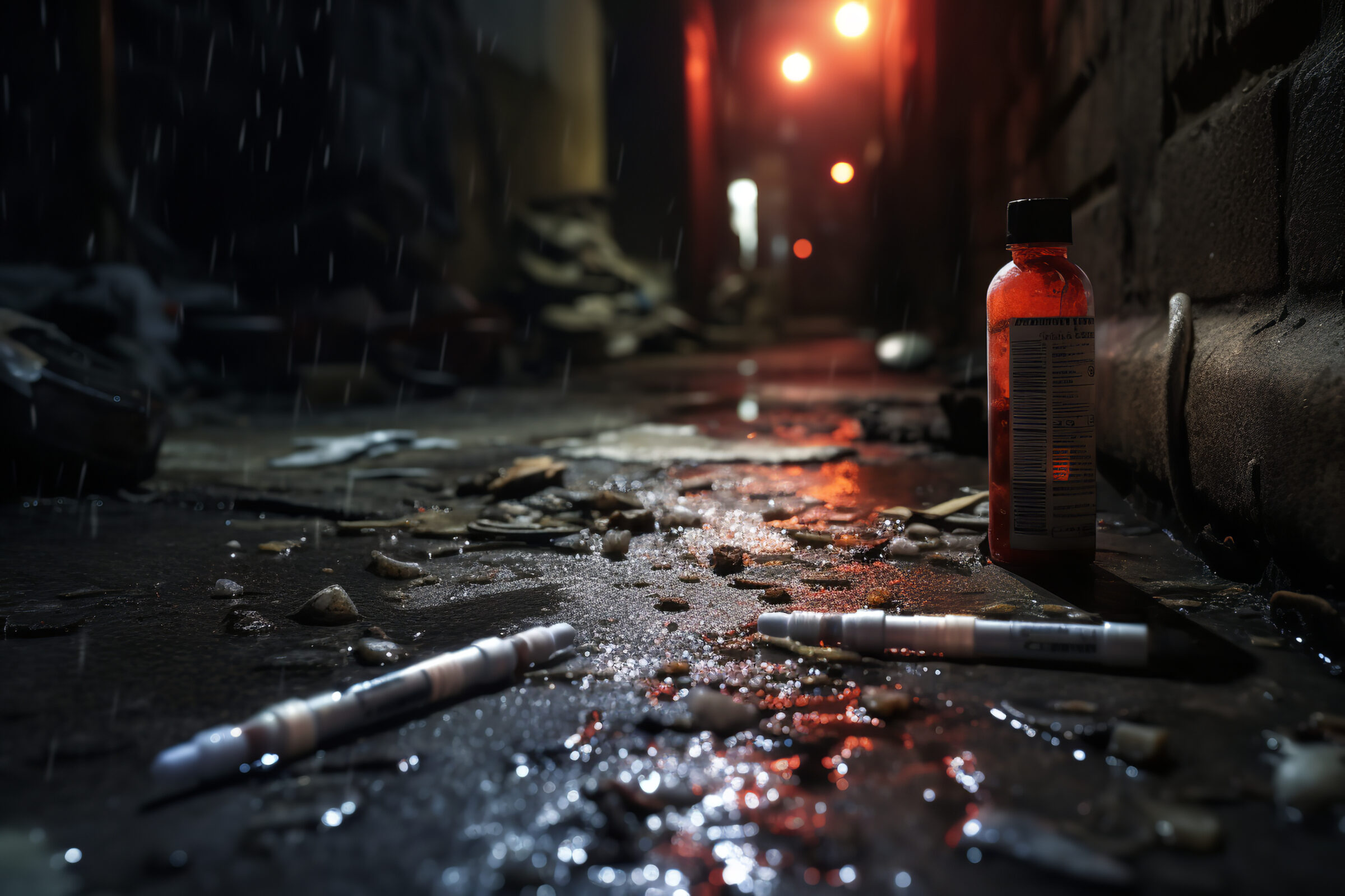 A lone syringe discarded on the ground of a dimly lit alleyway, painting a haunting picture of the relentless grip of drug addiction