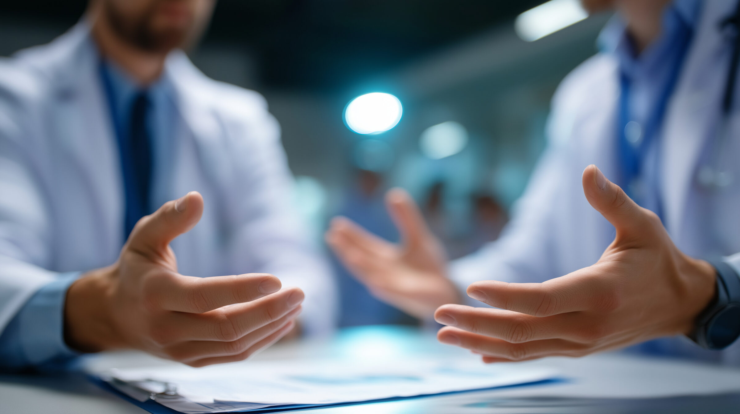 Doctors in a busy hospital staff room arguing over a treatment plan hands gesturing passionately as charts and notes cover the table fluorescent lighting amplifying urgency atmo