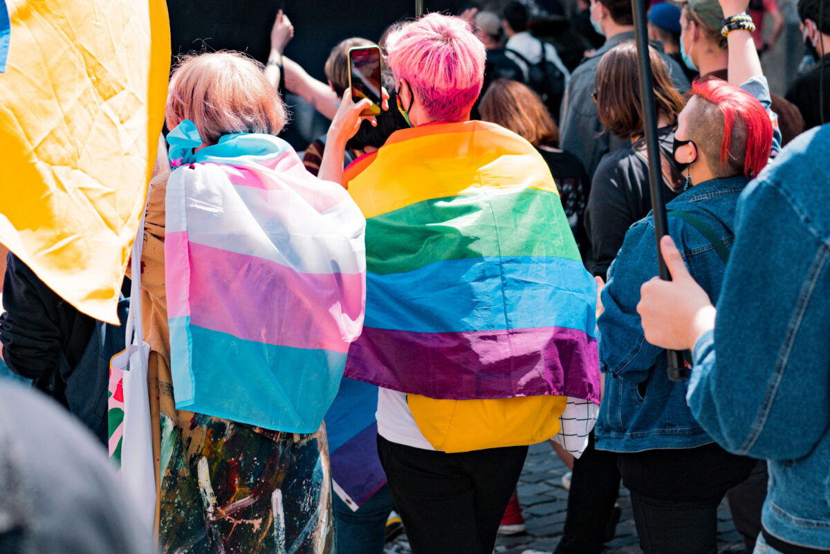 Back view of people with LGBT and Trans flags protest on the street. Equality. Freedom. Protest. Flag. Pride. Rainbow. Parade. Community. People. Diversity. Right. Support. Lesbian. Sex. Event