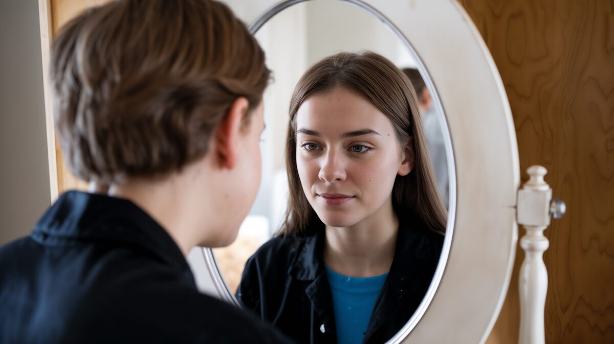 A teen boy sees himself in a mirror like a girl. Gender dysphoria, transgender, Sister and brother concepts.