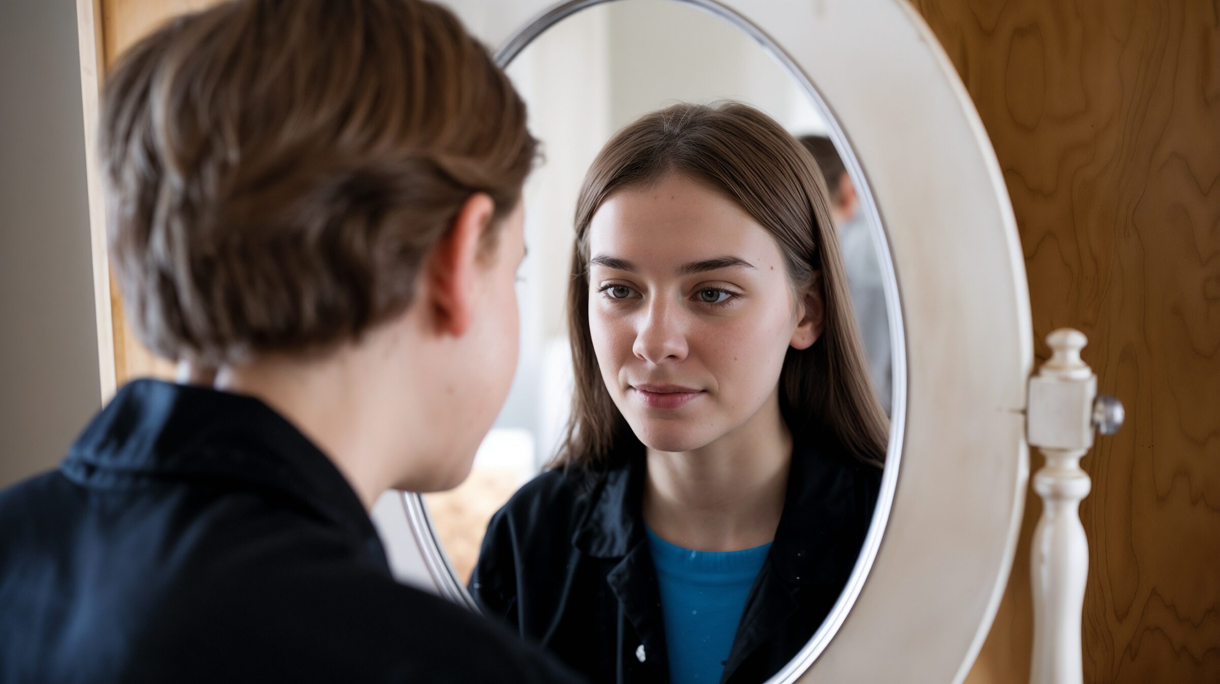 A teen boy sees himself in a mirror like a girl. Gender dysphoria, transgender, Sister and brother concepts.