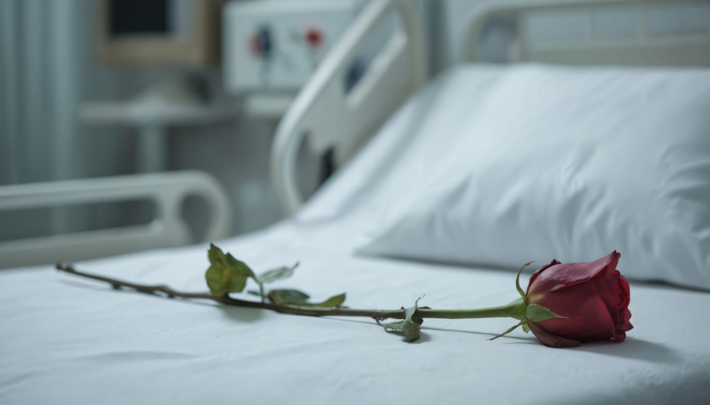 Empty hospital bed with wilted red rose. Symbolizes loss, neglect, loneliness, death, grief, and illness. Represents absence, despair, forgotten patients, and fragility of life in medical facilities.