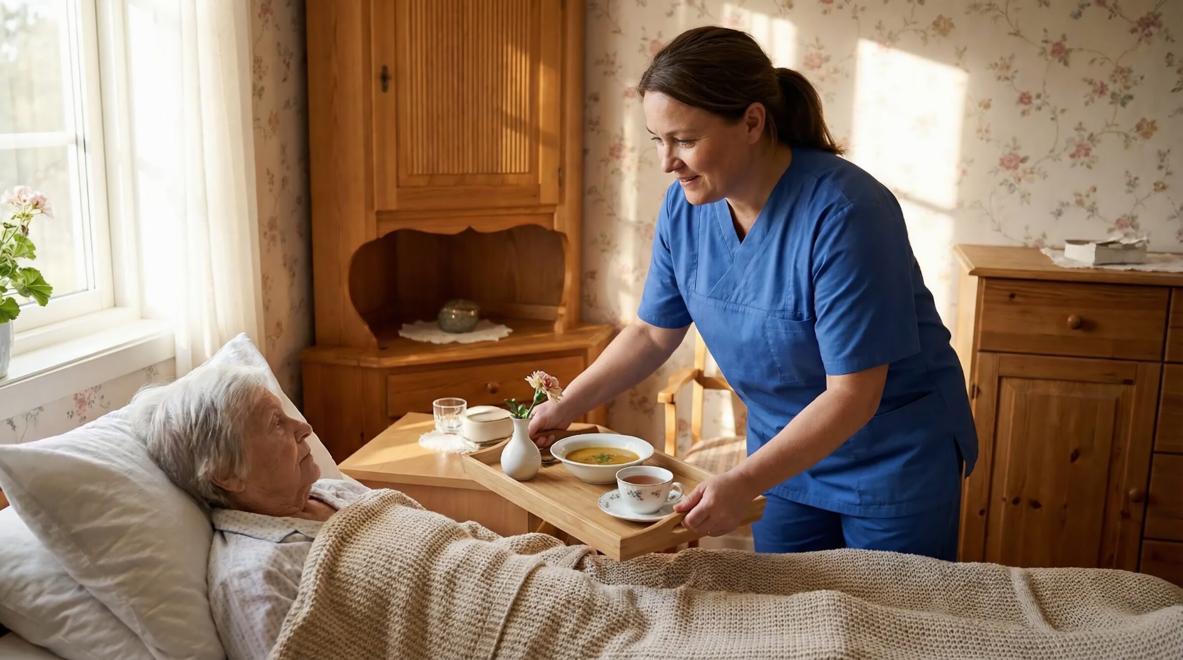 Compassionate caregiver serving a meal on a tray to an elderly woman resting in bed at home.