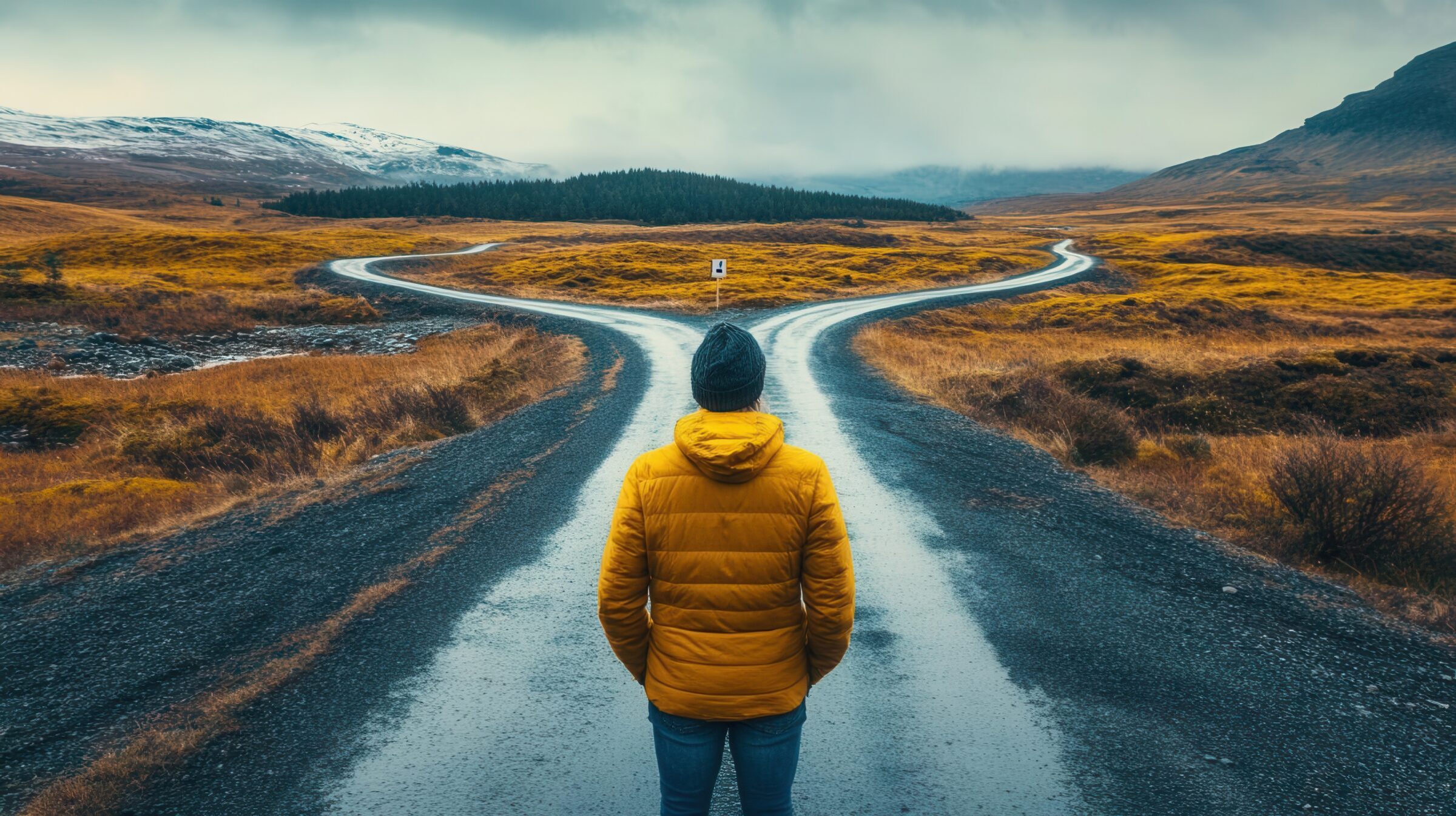Road decision moment, with a person choosing between two paths in a scenic landscape, road decision, life choices
