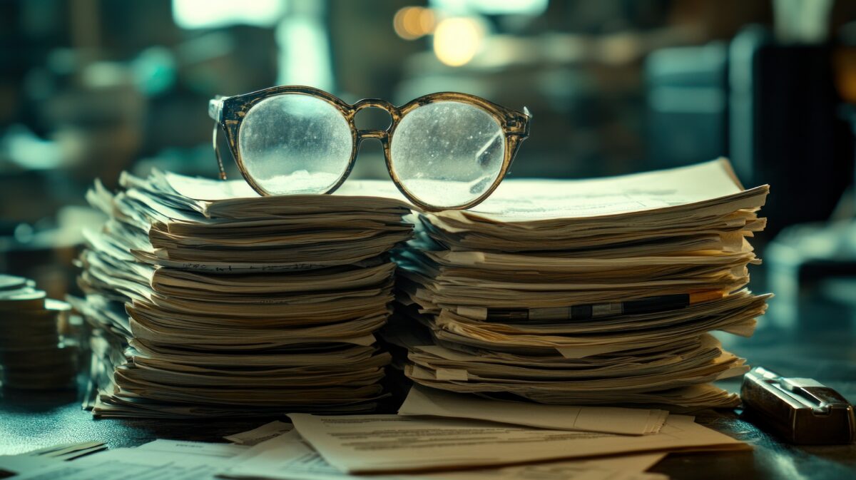 A pair of glasses rests atop a stack of papers, suggesting work or study in progress.