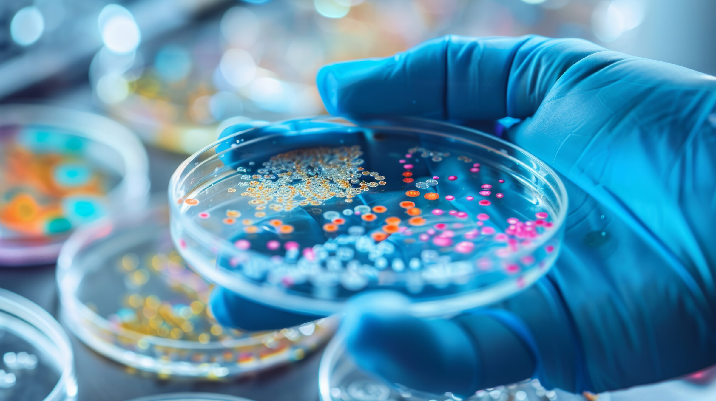 A scientist wearing blue gloves holding a petri dish with bacteria or virus samples
